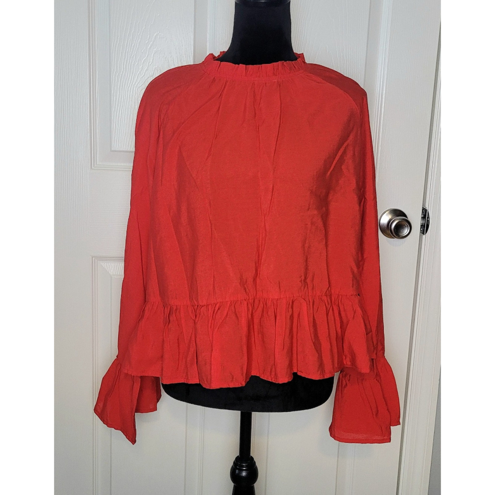Vine & Love Red Peplum Blouse Ruffle Mock Neck Bell Sleeve Top VT82620 Large NEW